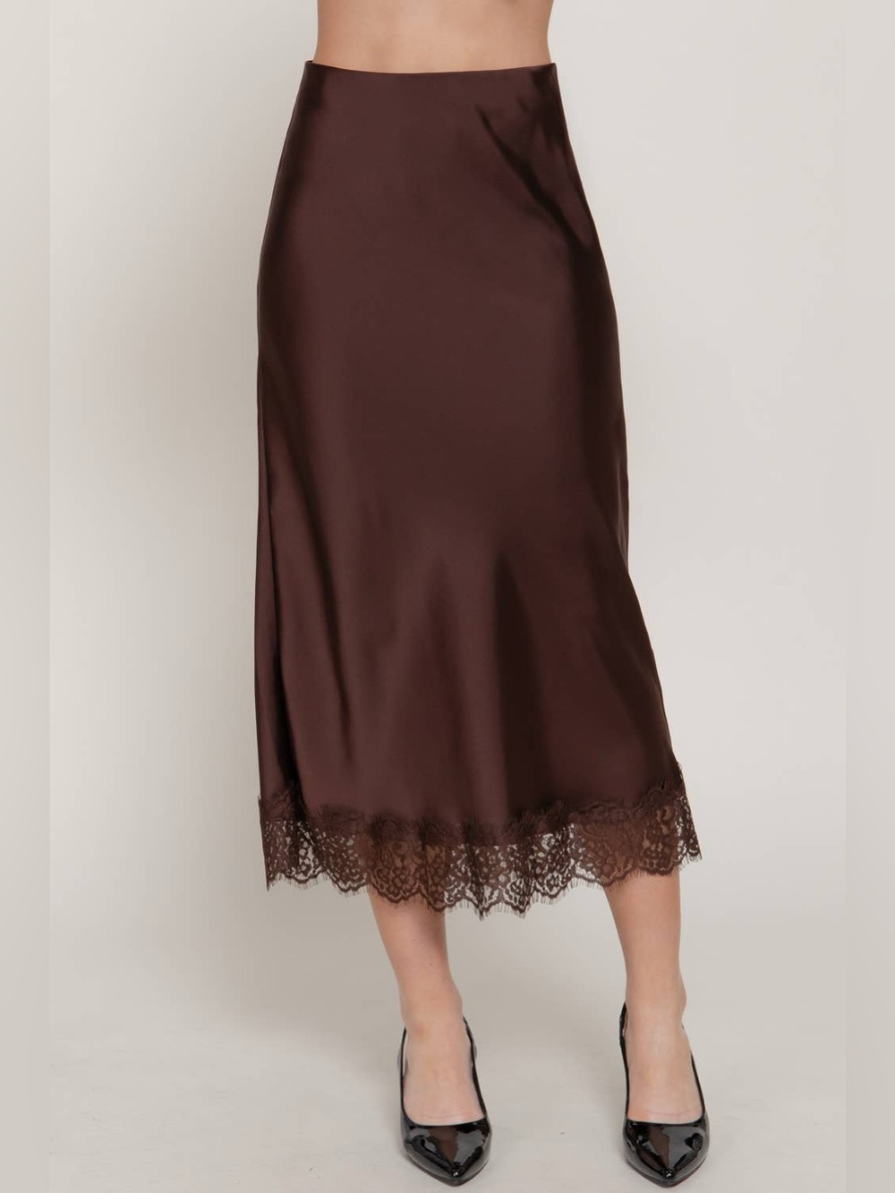 Camila Coelho Satin Slip Skirt with Lace Hem — Chocolate Brown
